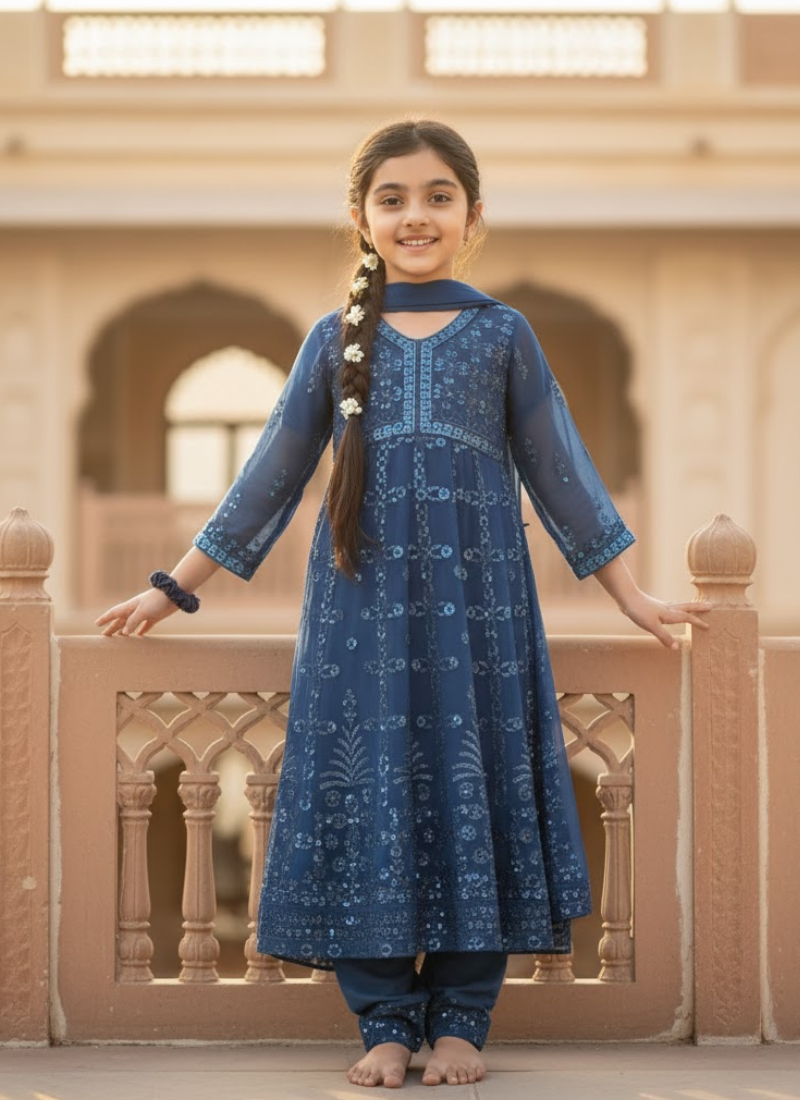 Sea Green Chiffon Kids Anarkali Gown – Elegant Festive Wear