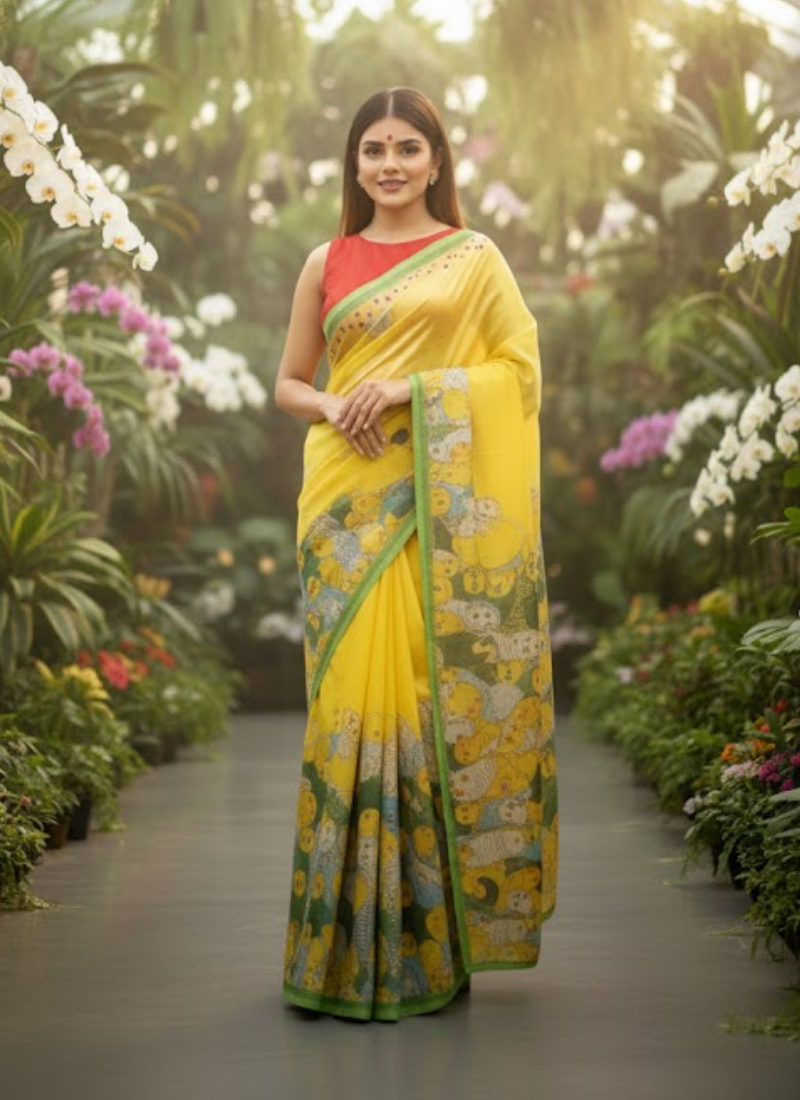 Yellow Tashar Silk Saree – Bird Print Design