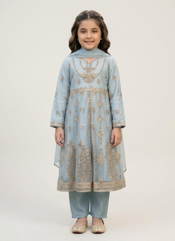 Girls Embroidered Net Frock Set – 3 Piece Party Wear | Indian Celebration Wear