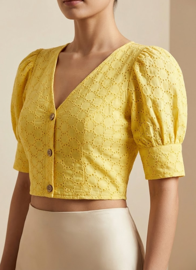 Pure Cotton Hakoba Puff Sleeve Blouse with Football Design