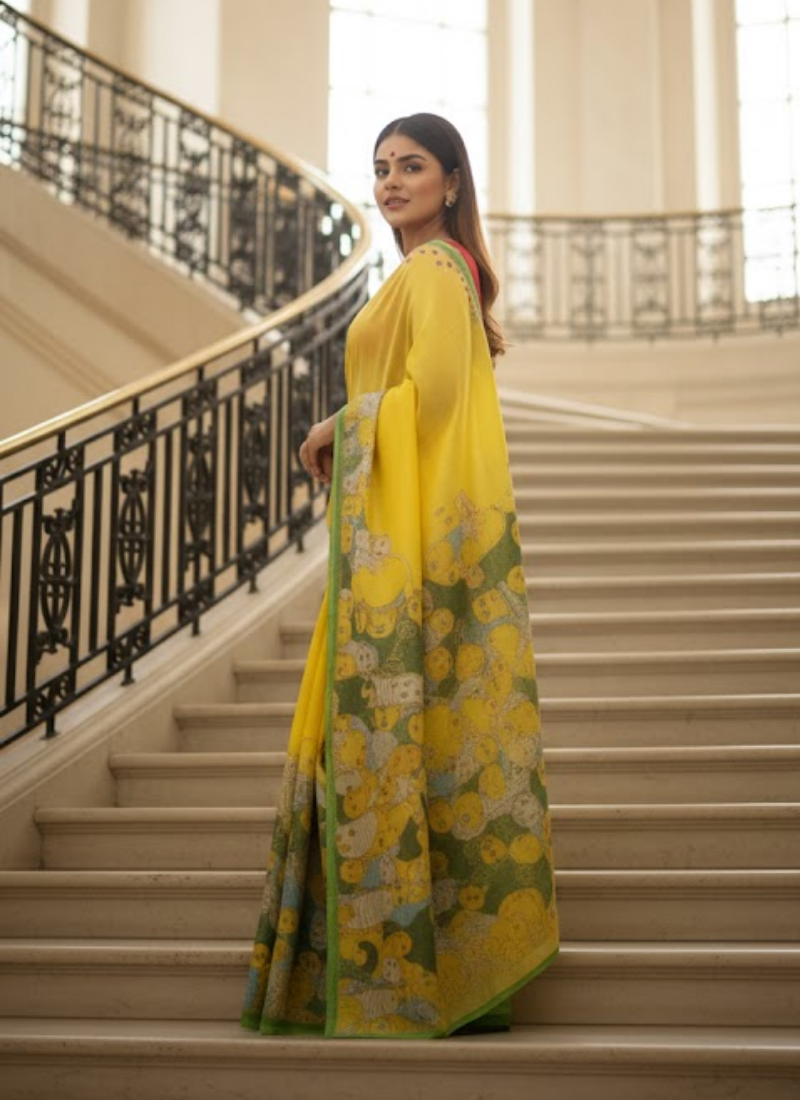 Yellow Tashar Silk Saree – Bird Print Design