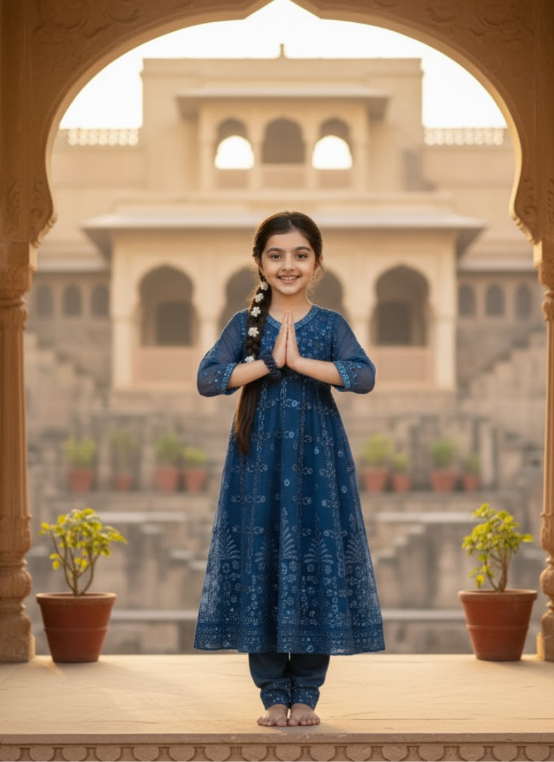 Sea Green Chiffon Kids Anarkali Gown – Elegant Festive Wear