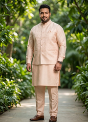 Indian Men’s Dress Jacquard Koti Silk Kurta Polo Pant Set 2