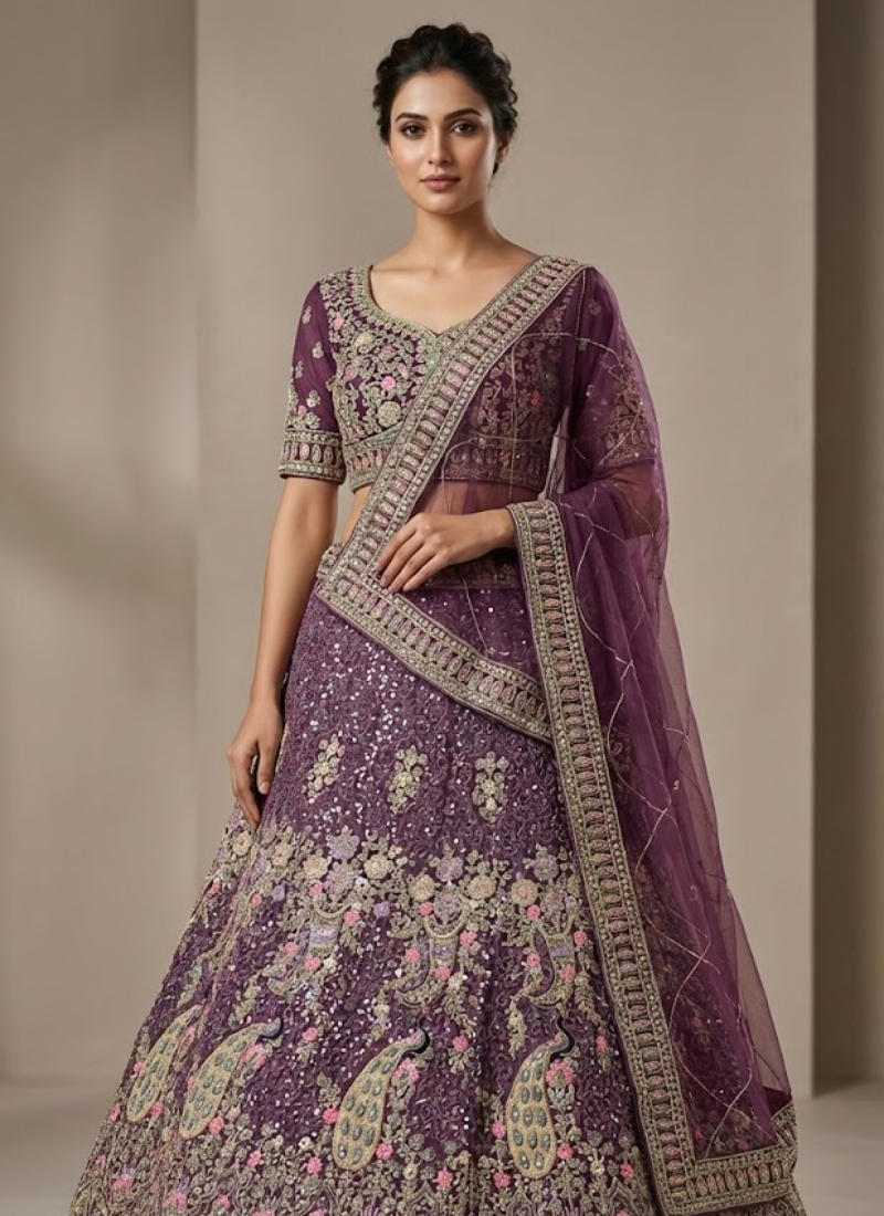 Purple Butterfly Net Lehenga Choli with Sequins & Coding Embroidery + Dupatta