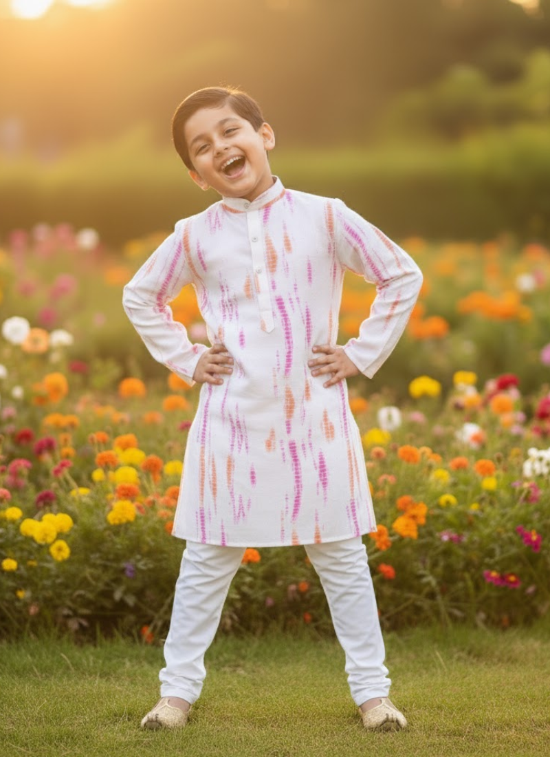 Kids Kurta Pajama Set – Multicolor Silk Kurta with White Cotton Pyjama