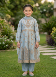 Girls Embroidered Net Frock Set – 3 Piece Party Wear | Indian Celebration Wear 3
