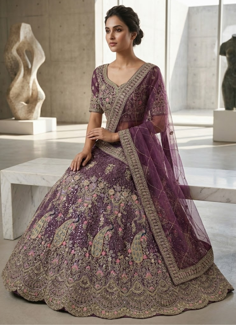 Purple Butterfly Net Lehenga Choli with Sequins & Coding Embroidery + Dupatta