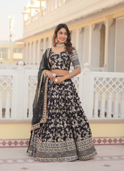 Black Viscose Jacquard Lehenga Choli with Sequins Embroidery + Russian Silk Dupatta 4