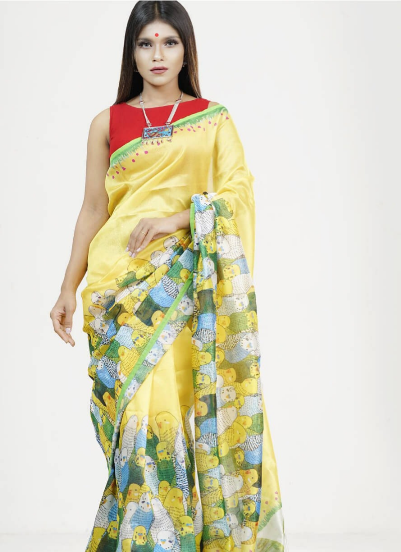 Yellow Tashar Silk Saree – Bird Print Design