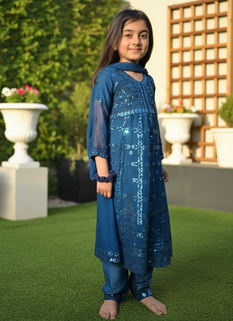 Sea Green Chiffon Kids Anarkali Gown – Elegant Festive Wear
