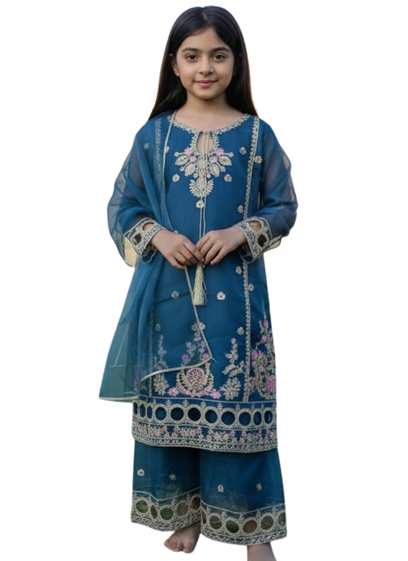 Sea Green Silk Kids Sharara Suit – Festive Elegance