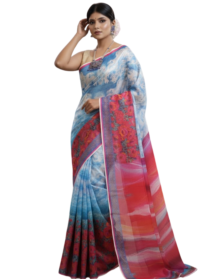 Sky Print Tashar Silk Saree – Red Roses Floral Border