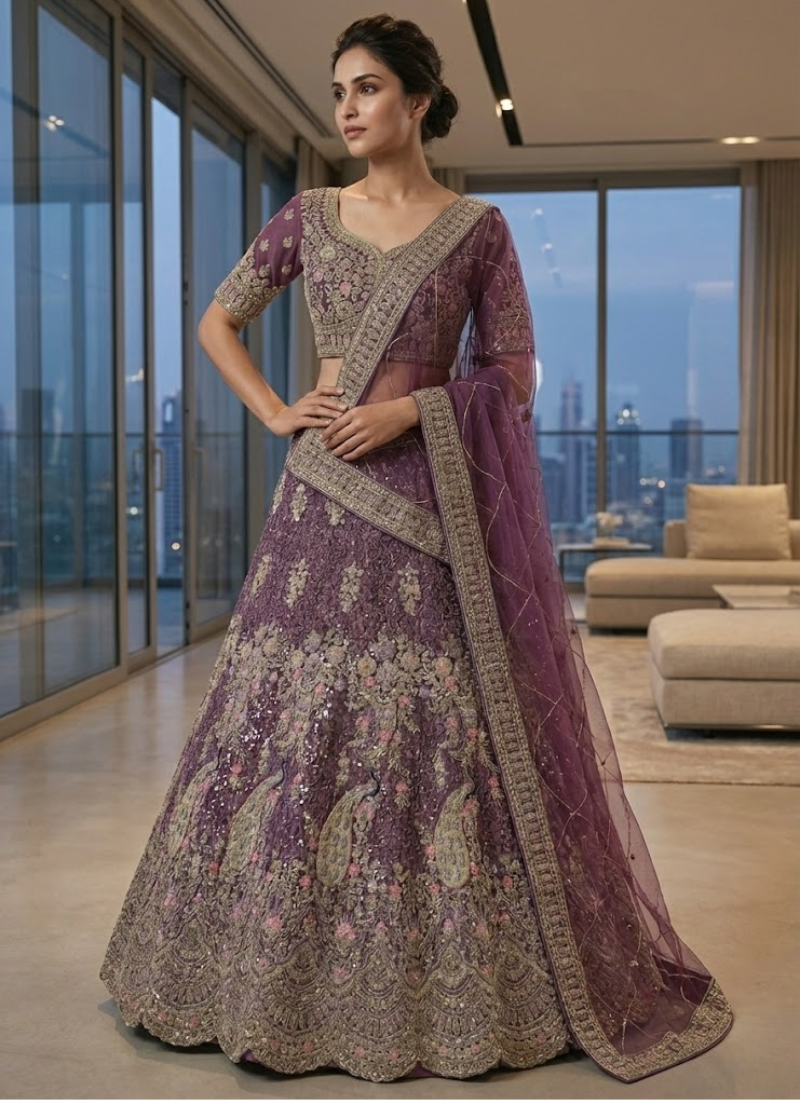 Purple Butterfly Net Lehenga Choli with Sequins & Coding Embroidery + Dupatta