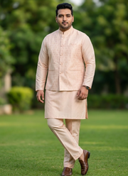 Indian Men’s Dress Jacquard Koti Silk Kurta Polo Pant Set 4