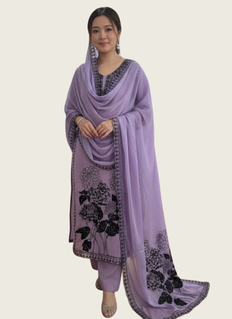 Lilac Maslin Salwar Suit with Black Thread Embroidery & Dupatta