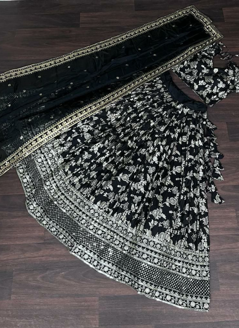 Black Viscose Jacquard Lehenga Choli with Sequins Embroidery + Russian Silk Dupatta
