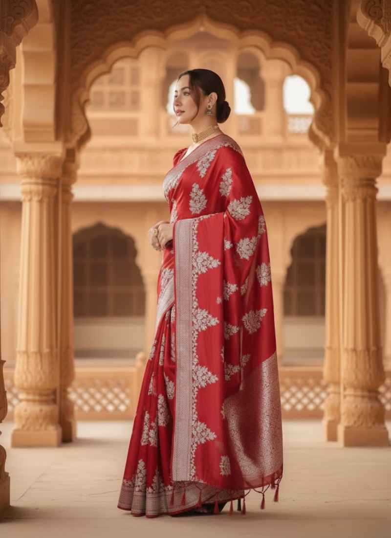 Red Maslin Saree with Golden & White Thread Work