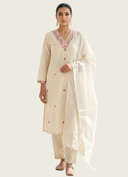 White Khadi Cotton Punjabi Suit with Embroidery & Zig‑Zag Dupatta 1
