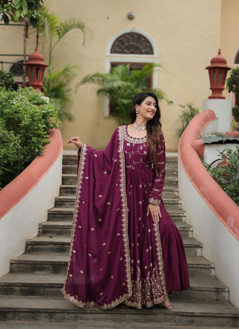 Rama Anarkali Gown in Chinon with Sequins Embroidery + Sharara & Dupatta