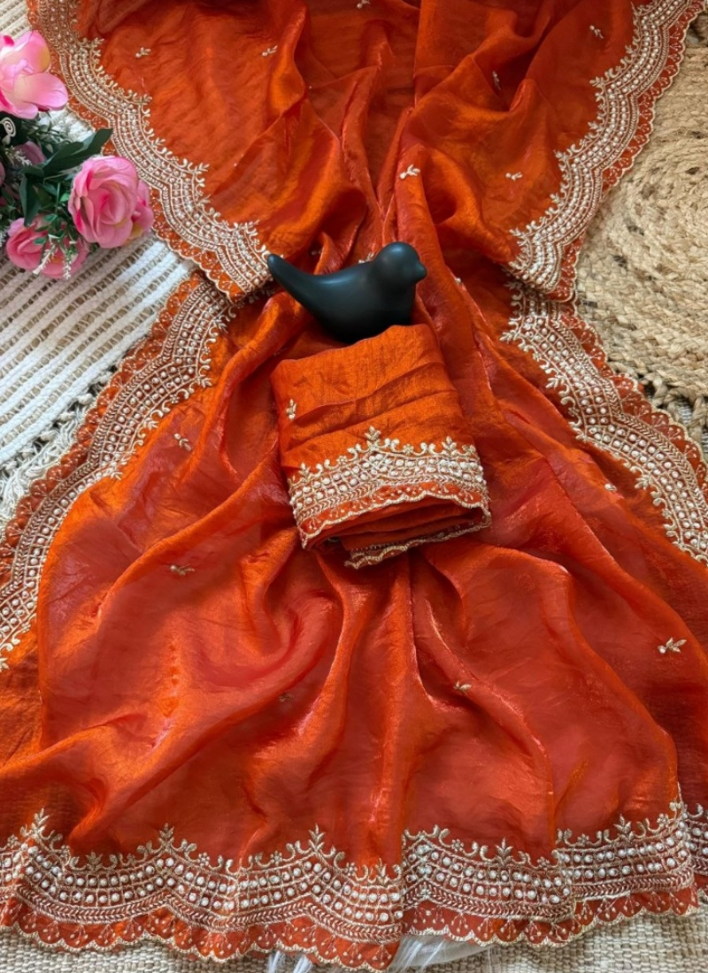 Fendy Satin Silk Saree – Gold Embroidery with Pearl Detailing & Matching Blouse