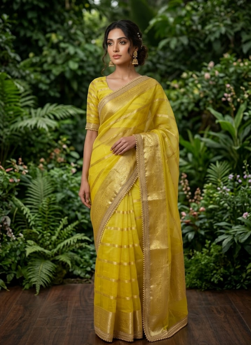 Banarasi Organza Saree with Blouse – Bright yellow