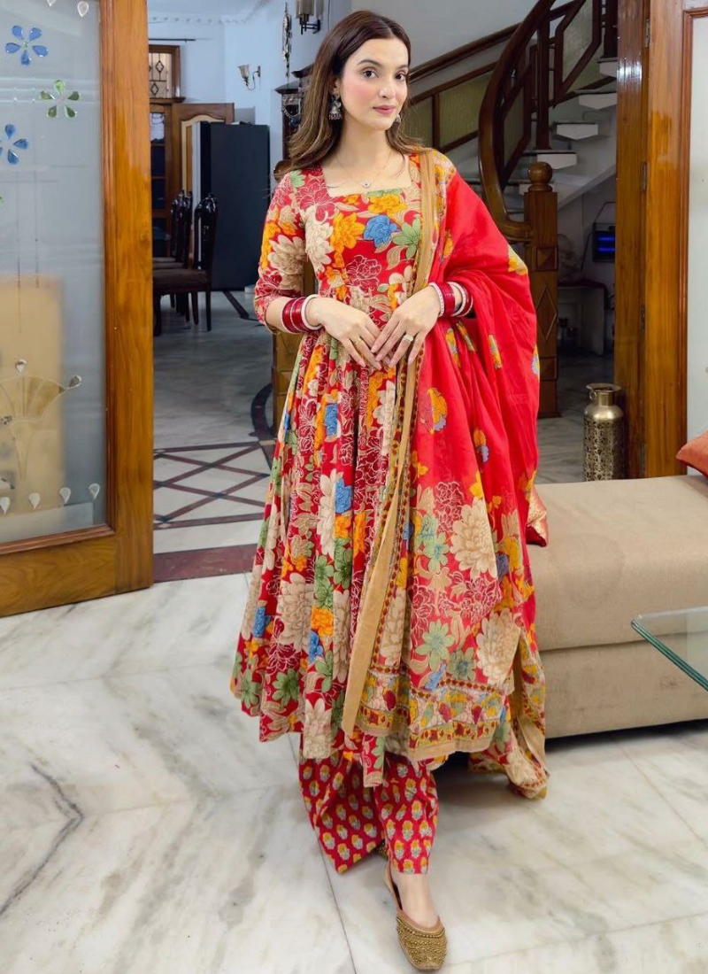 Red Cotton Chanderi Anarkali Dress with Vibrant Floral Print