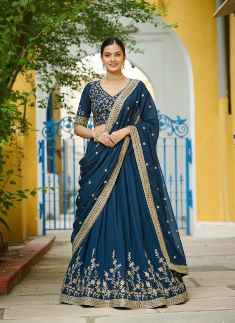 Vichitra Silk Sequins Embroidered Lehenga Set