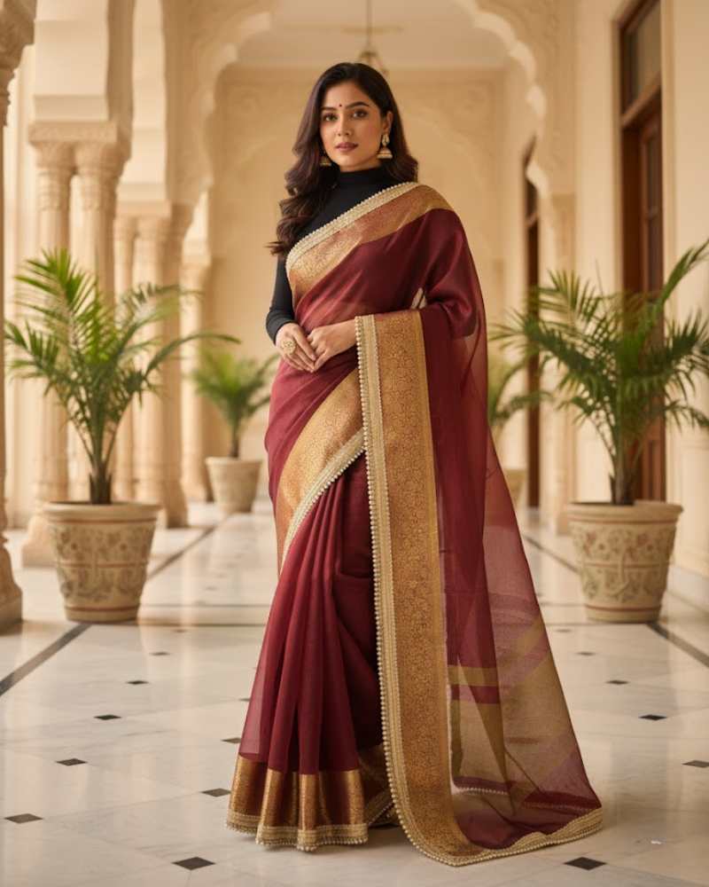 Tissue Saree – Pearl Lace Border with Blouse Piece
