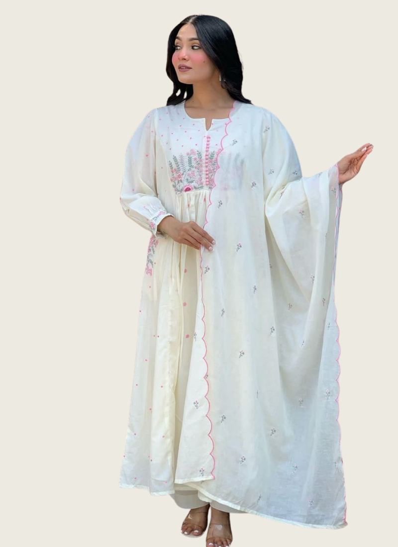 Mul Mul Cotton Punjabi Suit with Floral Embroidery & Scallop Dupatta