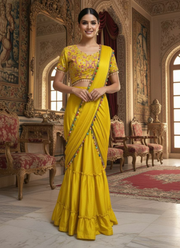 Premium Chinon Silk Lehenga Saree with Ruffles & Embroidered Blouse 2