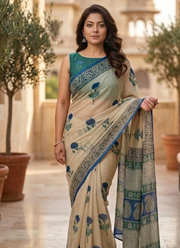Bottle Green Vegetable Chiffon Saree – Floral Print with Blouse 2