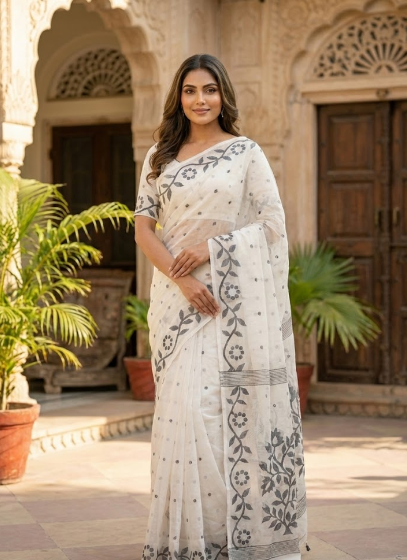 Black & White Tantuz Saree in Maslin Blend