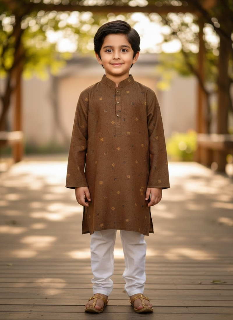 Kids Linen Kurta with White Cotton Pyjama