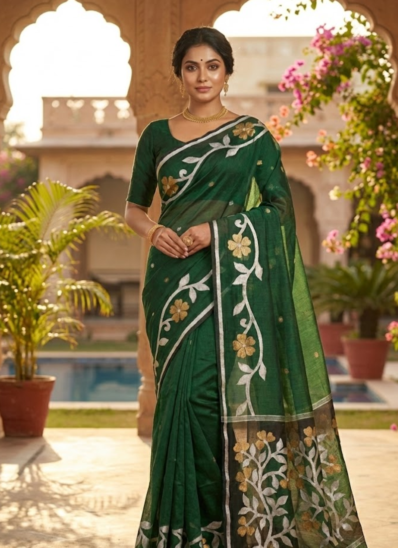 Bottle Green Tantuz Saree in Mixed Maslin Fabric