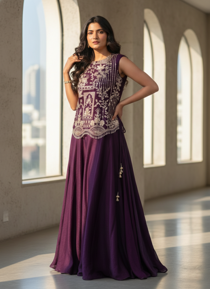 Vichitra Silk Lehenga Set with Embroidered Shrug