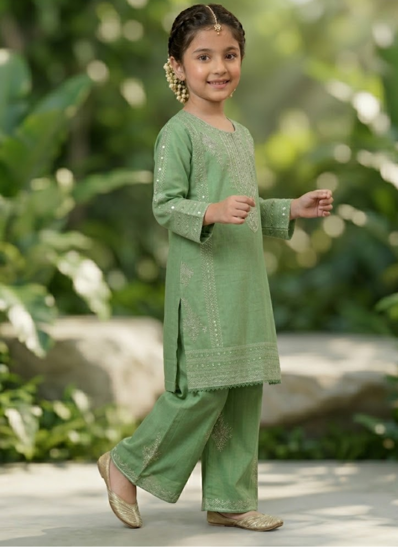 Girl’s 2‑Piece Embroidered Cotton Midi Shirt Set