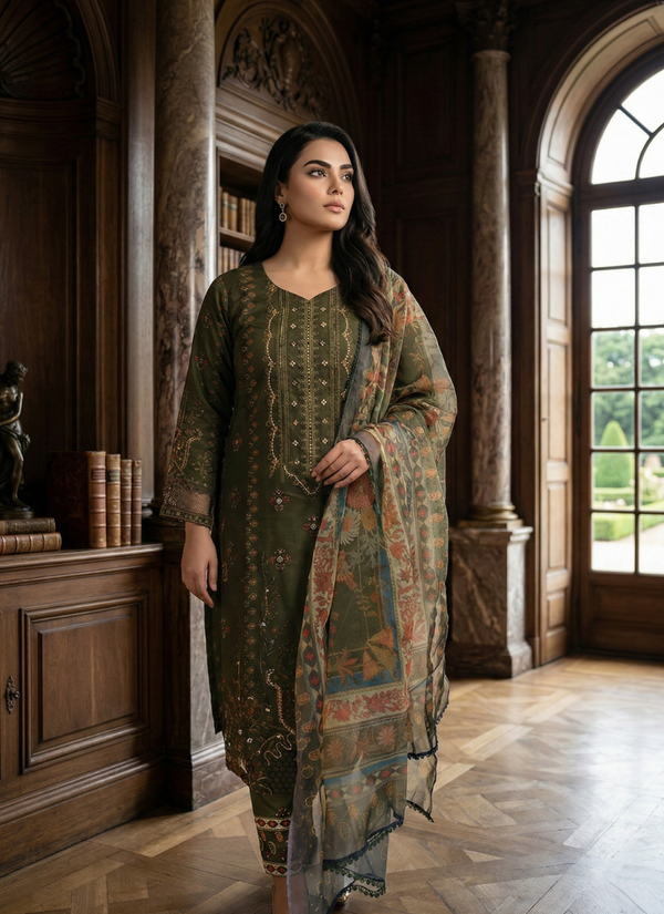 Dark Green Organza Salwar Suit with Pearl Work