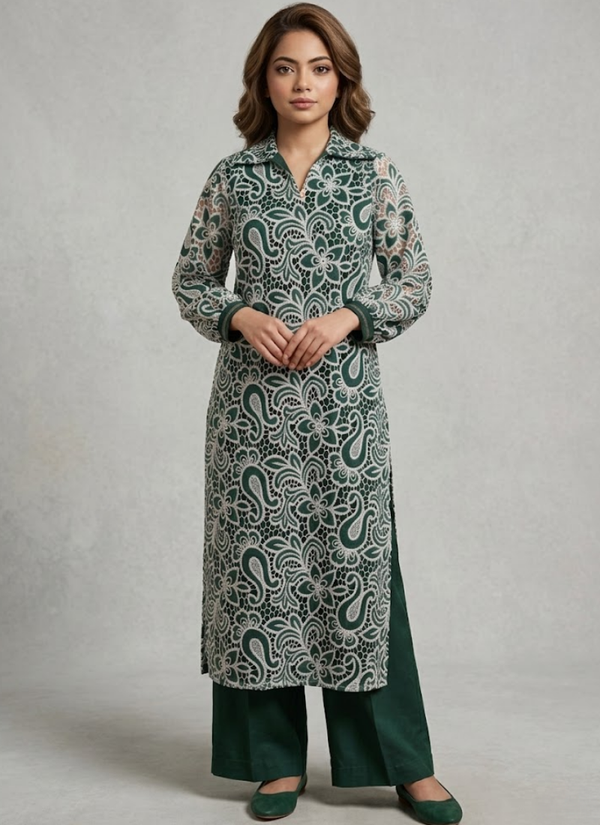 Bottle Green Silk Chikankari Co‑Ord Set with Divider Bottom