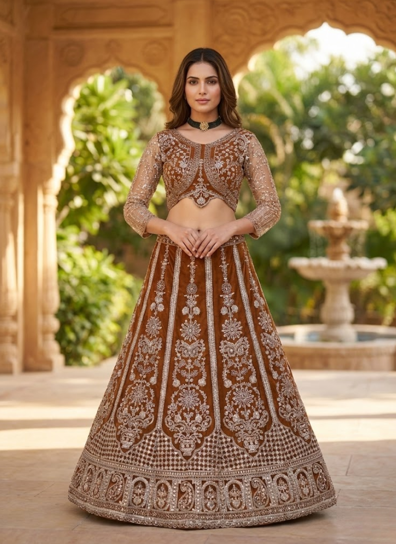 Red Butterfly Net Cocktail Lehenga Choli with Sequins Embroidery + Dupatta