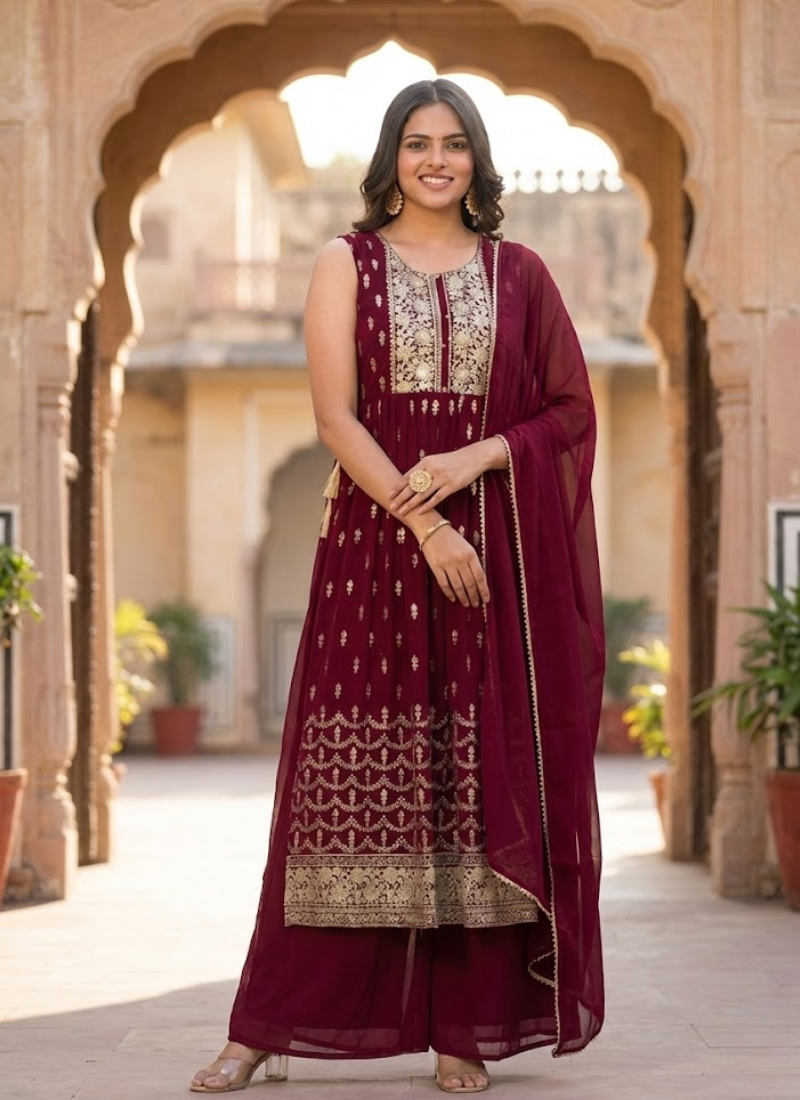 Georgette Sharara/Gharara Salwar Suit - Embroidery & Dupatta