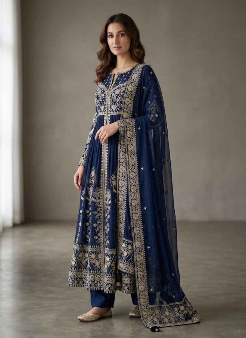 Faux Georgette Anarkali Gown with Thread & Sequins Embroidery + Dupatta