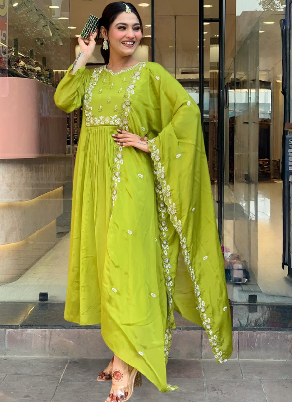 Lemon Yellow Chinon Kurta Set with Dupatta