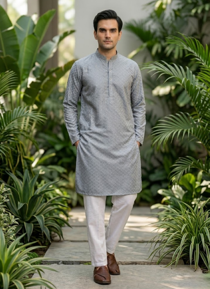 Grey Diamond-Weave Jacquard Kurta Pajama for Men Australia