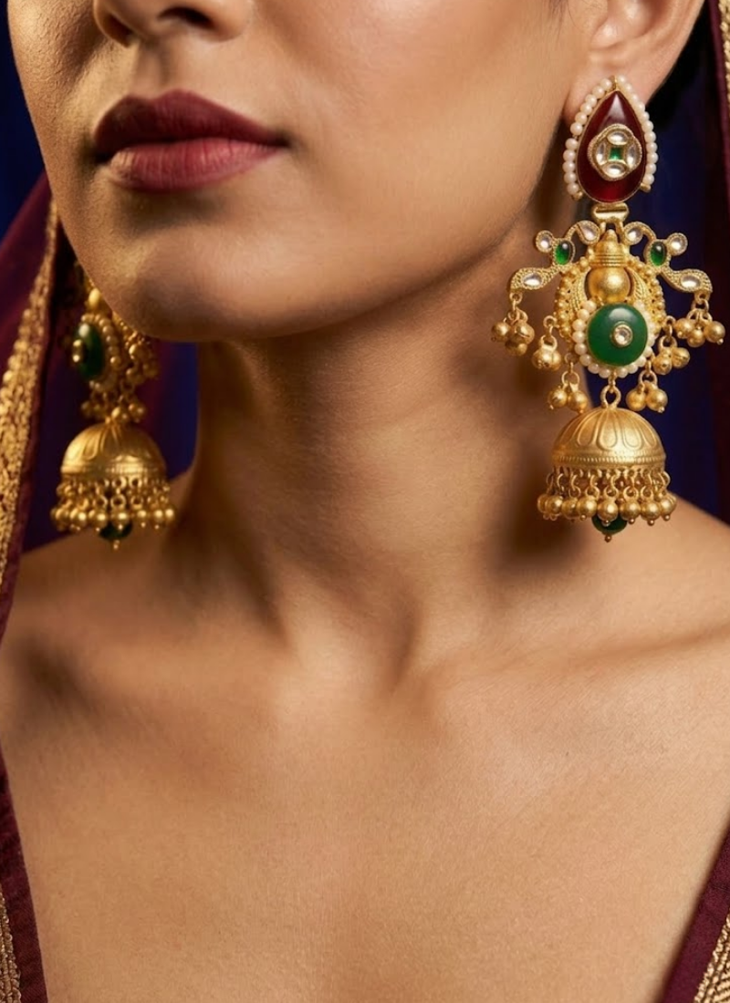 Red Green Golden Kashmiri Earrings - View 5