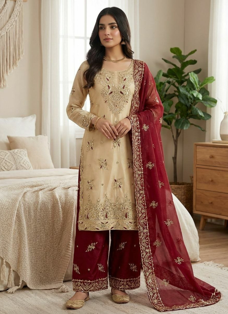 GMY Silk Palazzo Suit with Heavy Sequins Embroidery + Dupatta