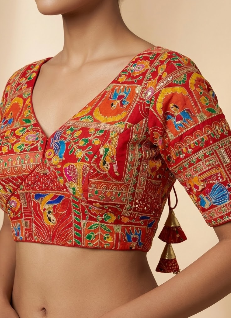 Elegant women’s blouse in velvet fabric, half sleeve design, padded fit, and back open style.