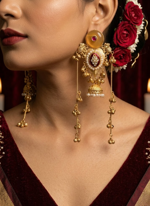 Yellow Red Golden Kashmiri Earrings