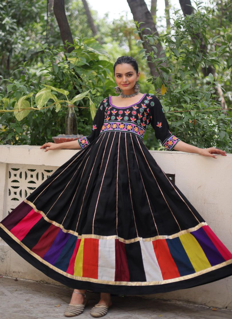 Roman Fabric Anarkali Dress with Multicolour Thread & Gota Lace Work Australia