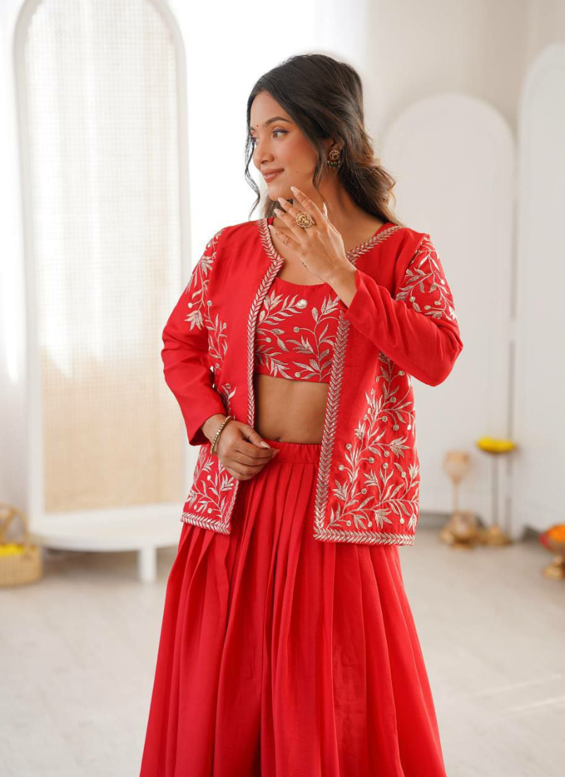 Chinon Silk Lehenga Set with Embroidered Koti