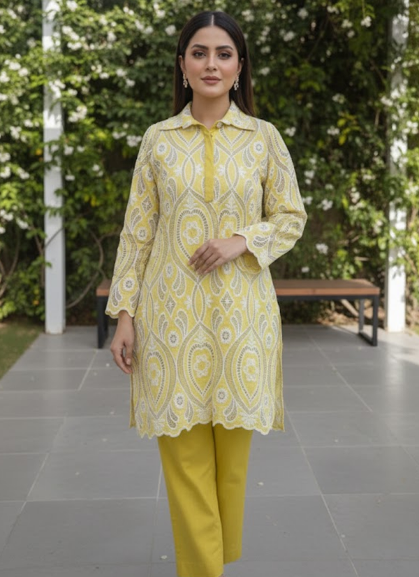 Yellow Silk Chikankari Co‑Ord Set with Divider Bottom